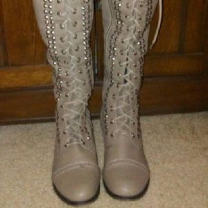 Taupe laced up over the knee boots with studs