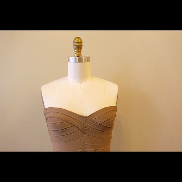 Herve Leger strapless bandage dress tan