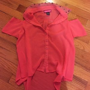 Hot pink cold shoulder chiffon top studded collar