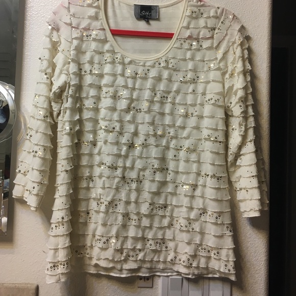 Ruffle & sequin blouse. Size medium. White & gold