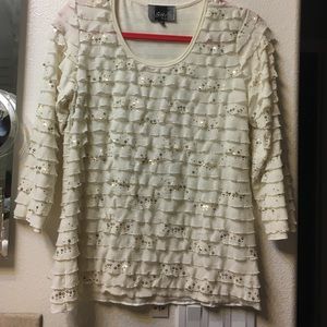 Ruffle & sequin blouse. Size medium. White & gold