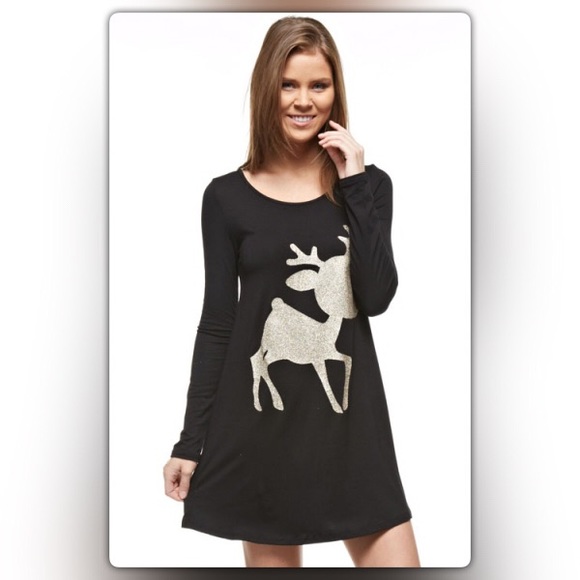 Black Christmas Tunic w/ Gold Rudolph the Reindeer - Picture 2 of 2