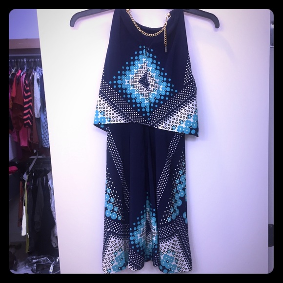 Gold necklace graphic print dress