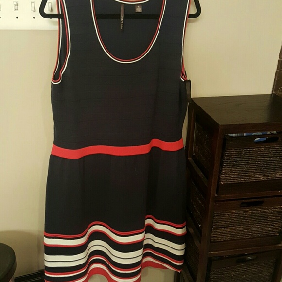 Navy blue and red sweater dress