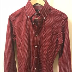 Men's burgundy and white dot dress shirt