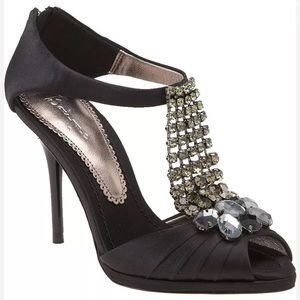 Black Satin Rhinestone Embellished Sandals