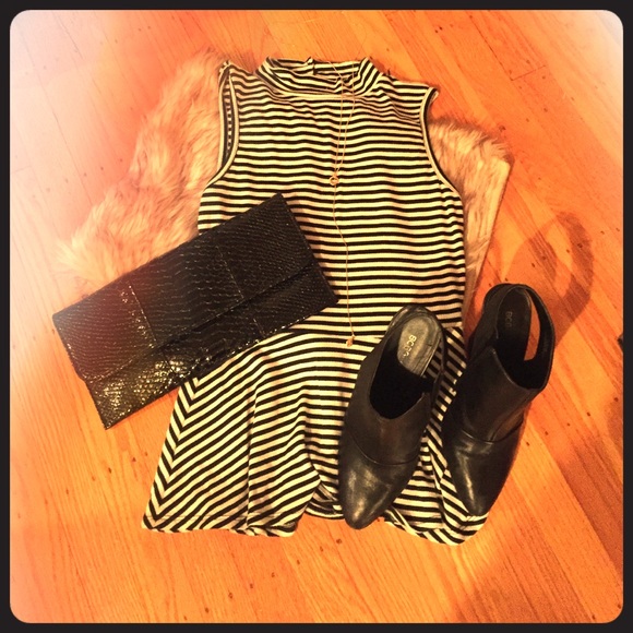 Black and white striped high neck peplum