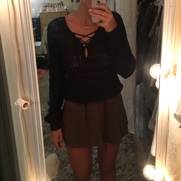 Black Crochet Lace-Up Sweater