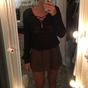 Black Crochet Lace-Up Sweater