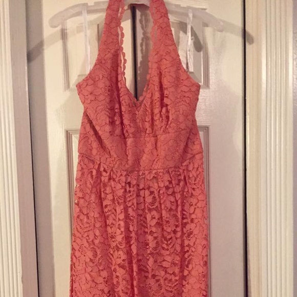 DAVID'S BRIDAL LACE HALTER DRESS (CORAL)