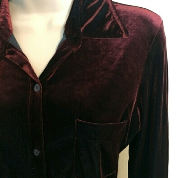 Express Burgundy Velvet Button Up Shirt Blouse - Picture 2 of 2