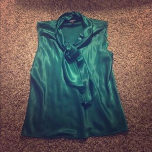 Green Satin Tie-Neck Pussybow Top