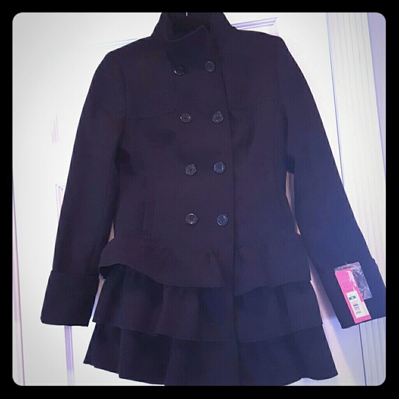 Black Wool Coat Ruffle Detail