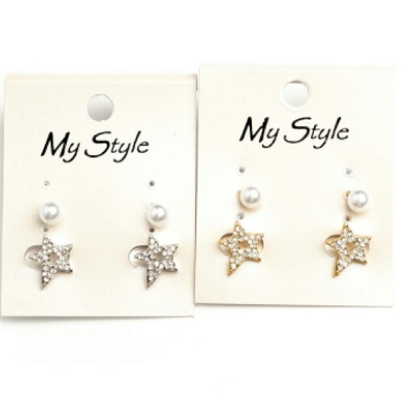 Crystal Gold Star & Pearl Stud Earrings - Picture 2 of 3
