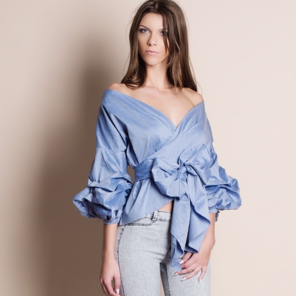 Off Shoulder Puff Sleeve Wrap Top - Picture 2 of 4