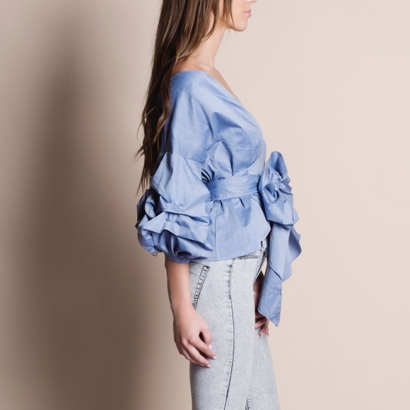 Off Shoulder Puff Sleeve Wrap Top - Picture 3 of 4