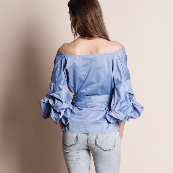 Off Shoulder Puff Sleeve Wrap Top - Picture 4 of 4