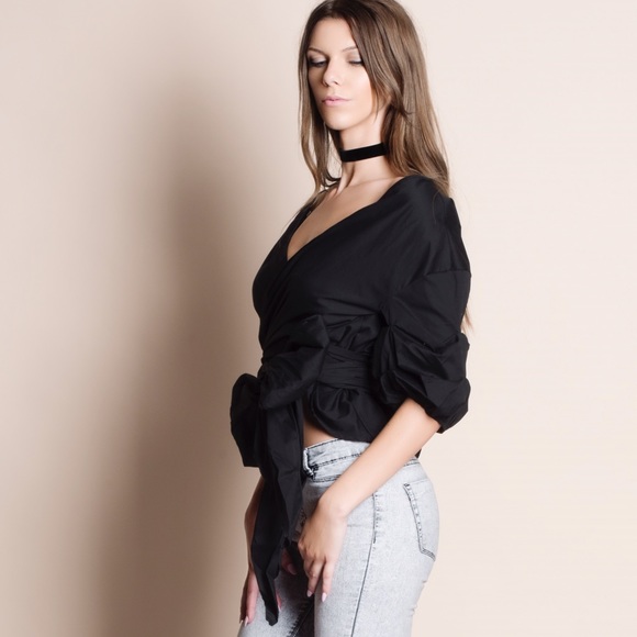 Off Shoulder Puff Sleeve Wrap Top - Picture 3 of 4