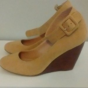 Mustard Ankle Strap Wedges, Size 9