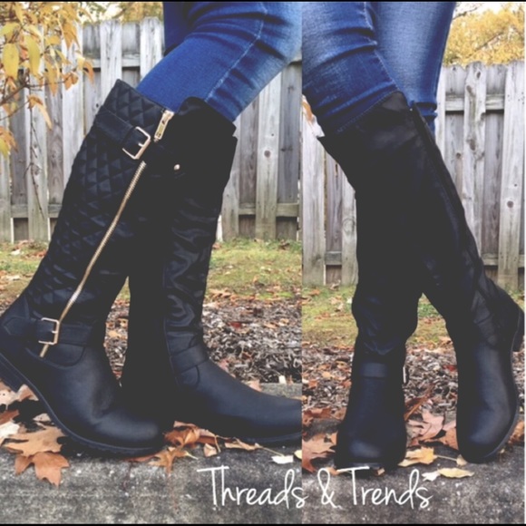 Black Quilted Knee Boots - Picture 2 of 4