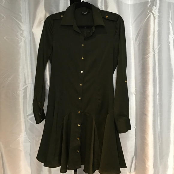 Bebe Army Green Button Down Silk Dress.