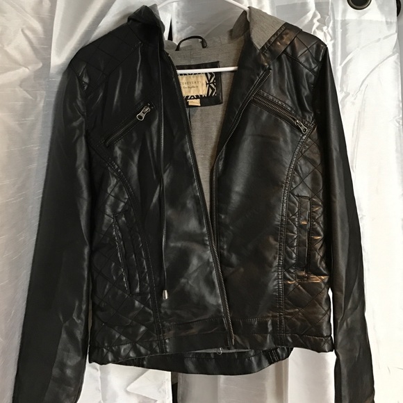 Forever 21 Black Leather Jacket With Hood.