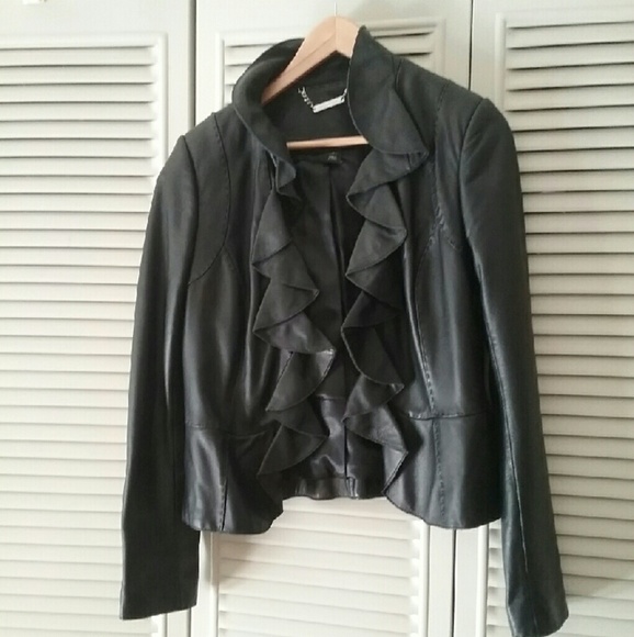 Black Leather Ruffler Jacket