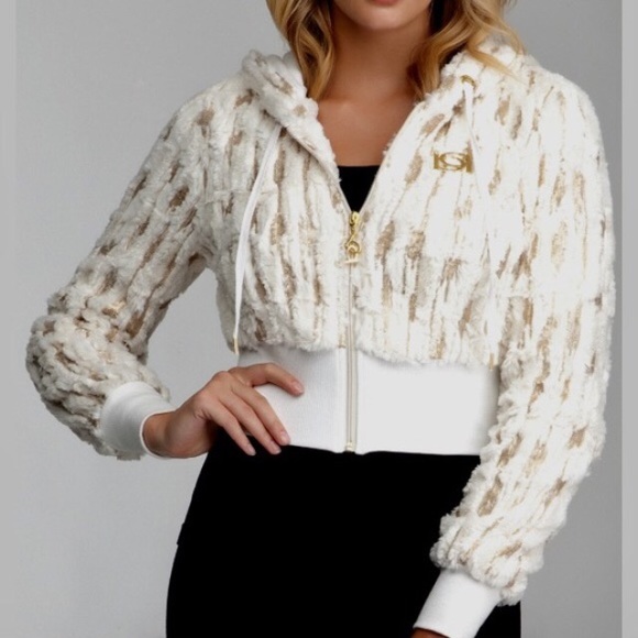 Bebe Sequin Faux Fur Hoodie Crop Jacket Ivory L - Picture 4 of 4