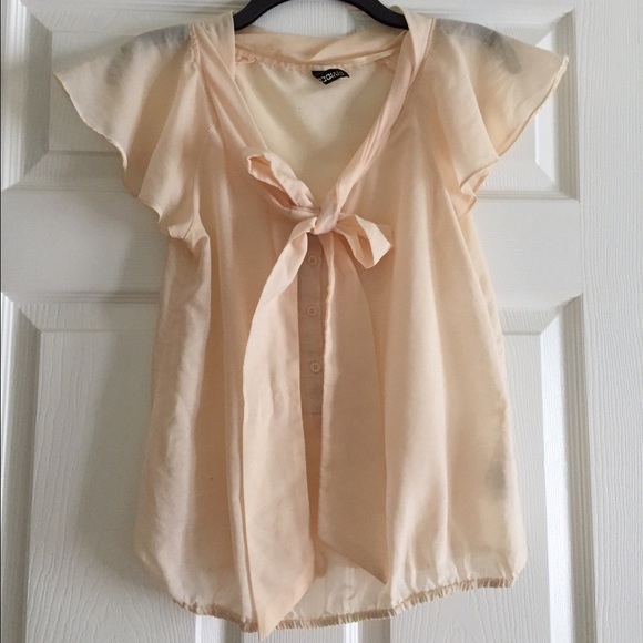 Divided Pastel Pink Sheer Pussy-Bow Button Blouse