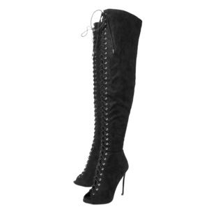 Thigh high black skinny heel boots