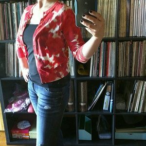 Red + white jcrew cardigan