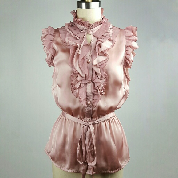 Lapis Tops - Lapis Satin Ruffled Shirt