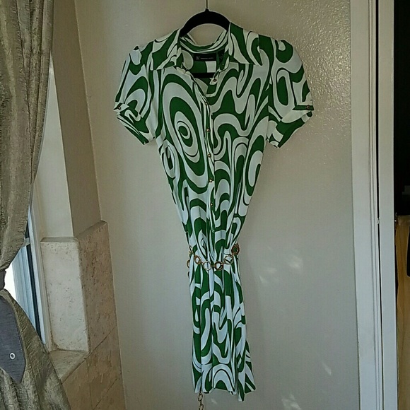 INC green white swirl dress with gold details