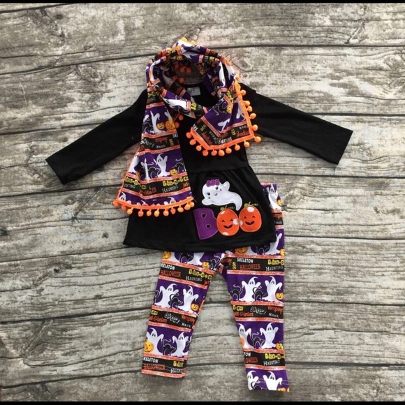 3 piece Halloween Outfit BOO Ghost Pompom scarf