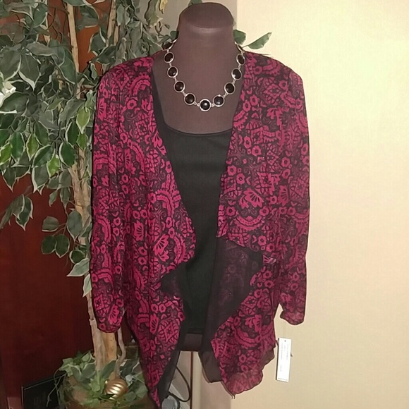 Black tank style top with blk/red flowy jacket blouse - Picture 1 of 3
