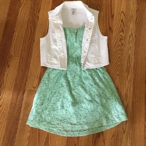 Mint lace strapless mini dress