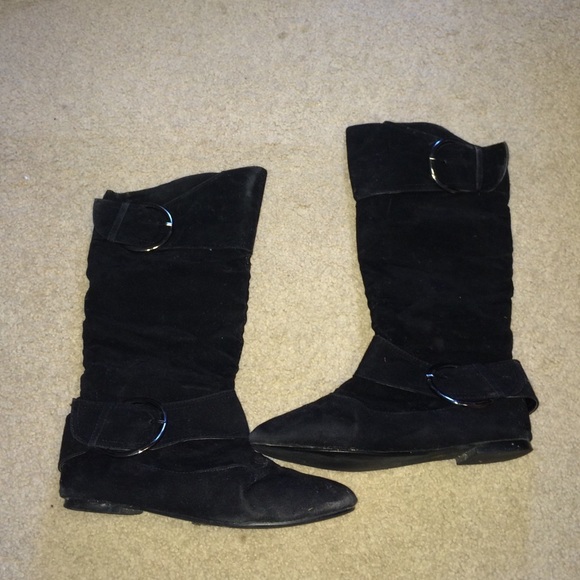 Black Velvet Boots with Big Silver Buckles