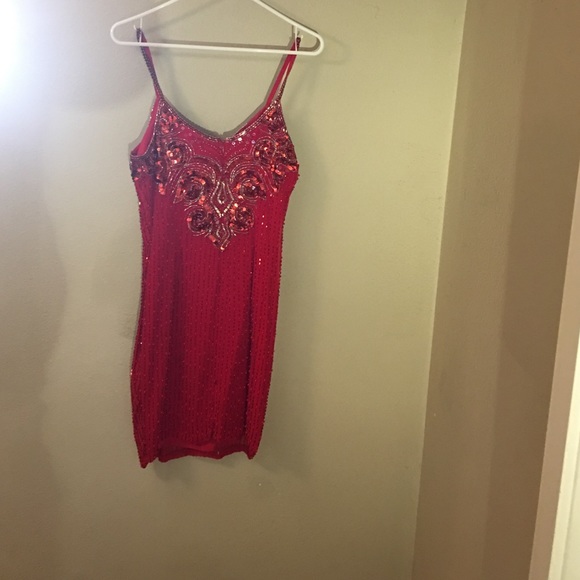 Vintage Hand Beaded Silk Sequined Red Dress