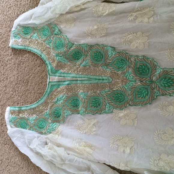 Creme and green sheer chiffon pajami suit.
