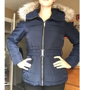 Navy Blue Puffer Jacket with Faux Fur Hood