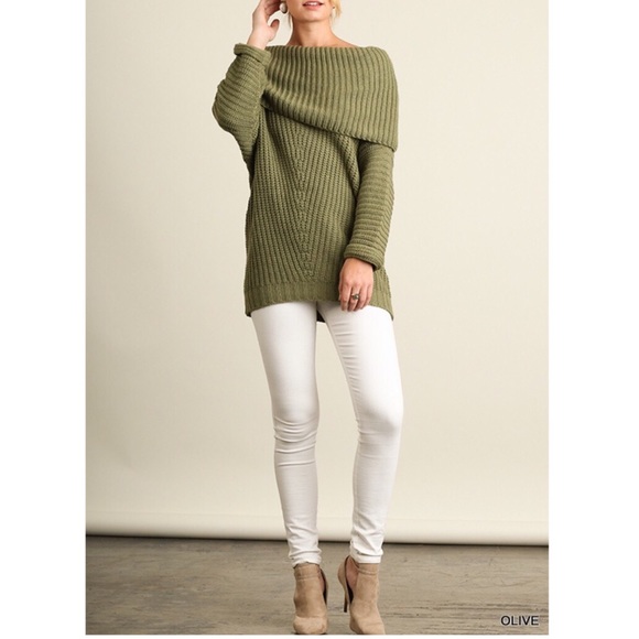 ❗LAST❗Chunky Off shoulder cowl neck olive sweater - Picture 2 of 4