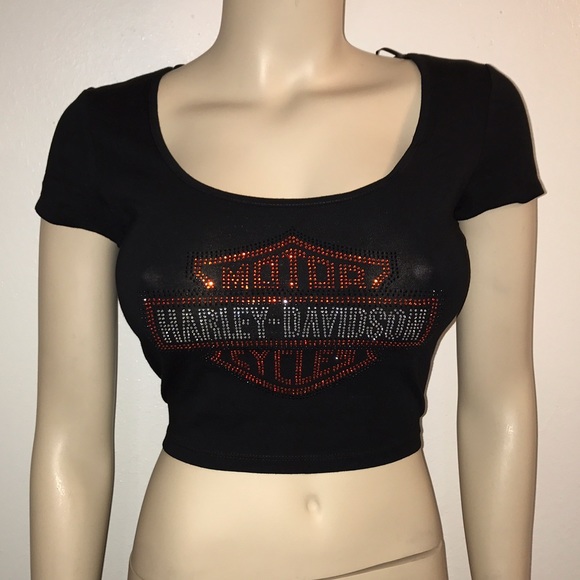 Rhinestone biker babe Harley Davidson crop top