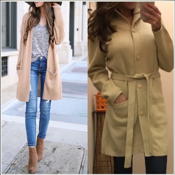 contact Sweaters - 🕸Long tan belted cardigan