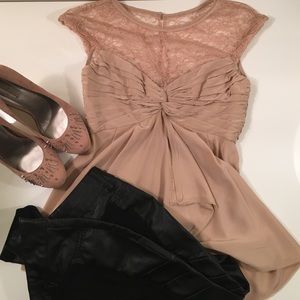 BCBG MaxAzria nude lace and silk pleated top