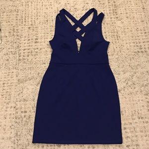 Blue plunge dress with criss-cross back