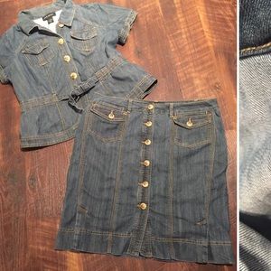 A denim jacket and skirt