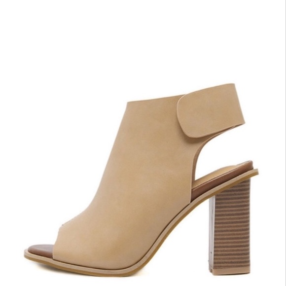 Tan Peep Toe Chunky Heel Booties
