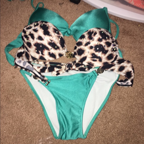 Two swimsuit tops and bikini bottoms