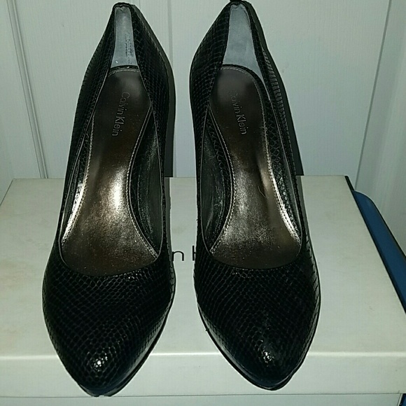 Calvin Klein black snake print platform heels