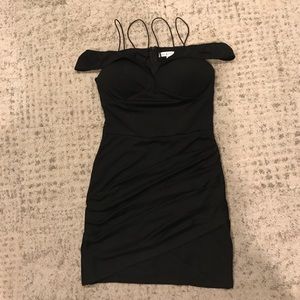 Black, strappy, off  the shoulder dress